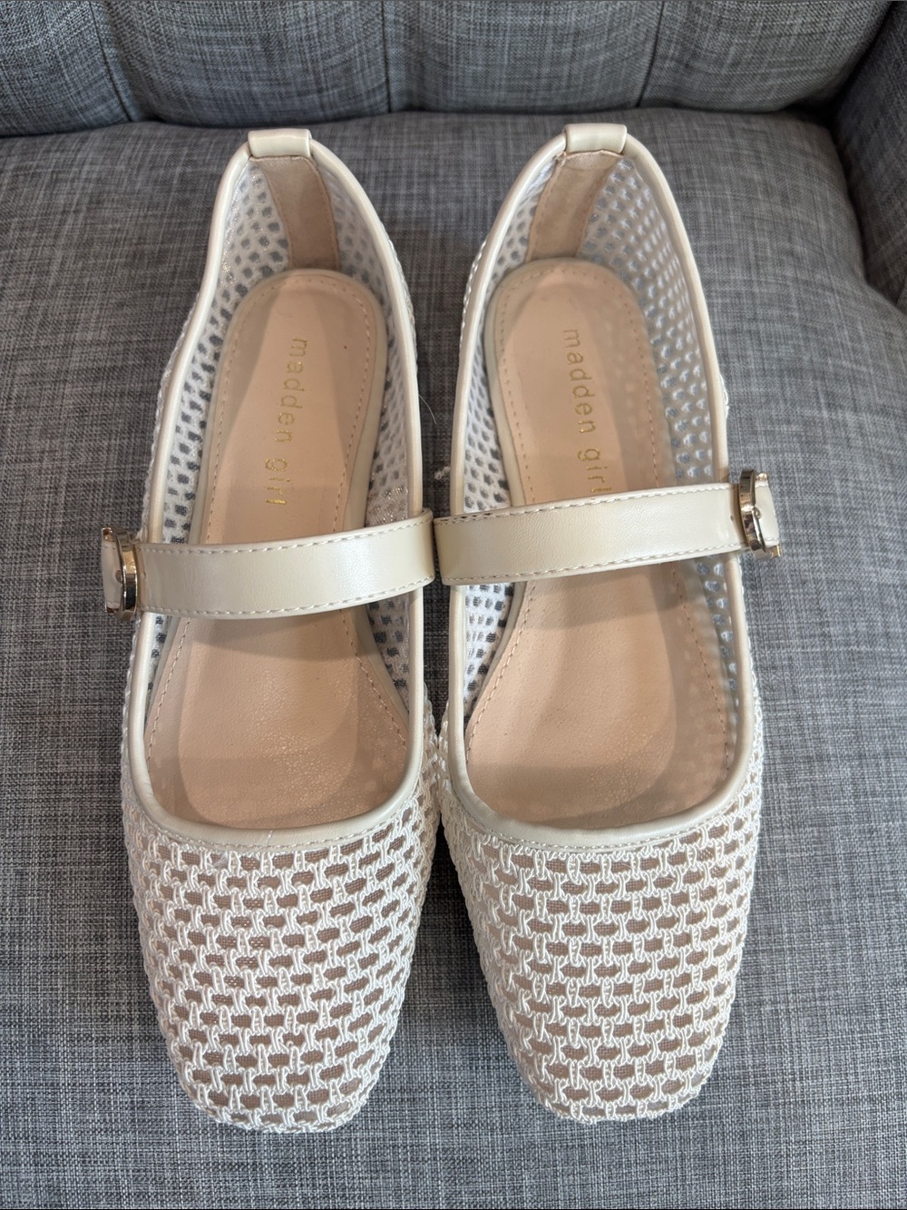 Madden Girl Cream Mesh Mary Jane Flats with Strap